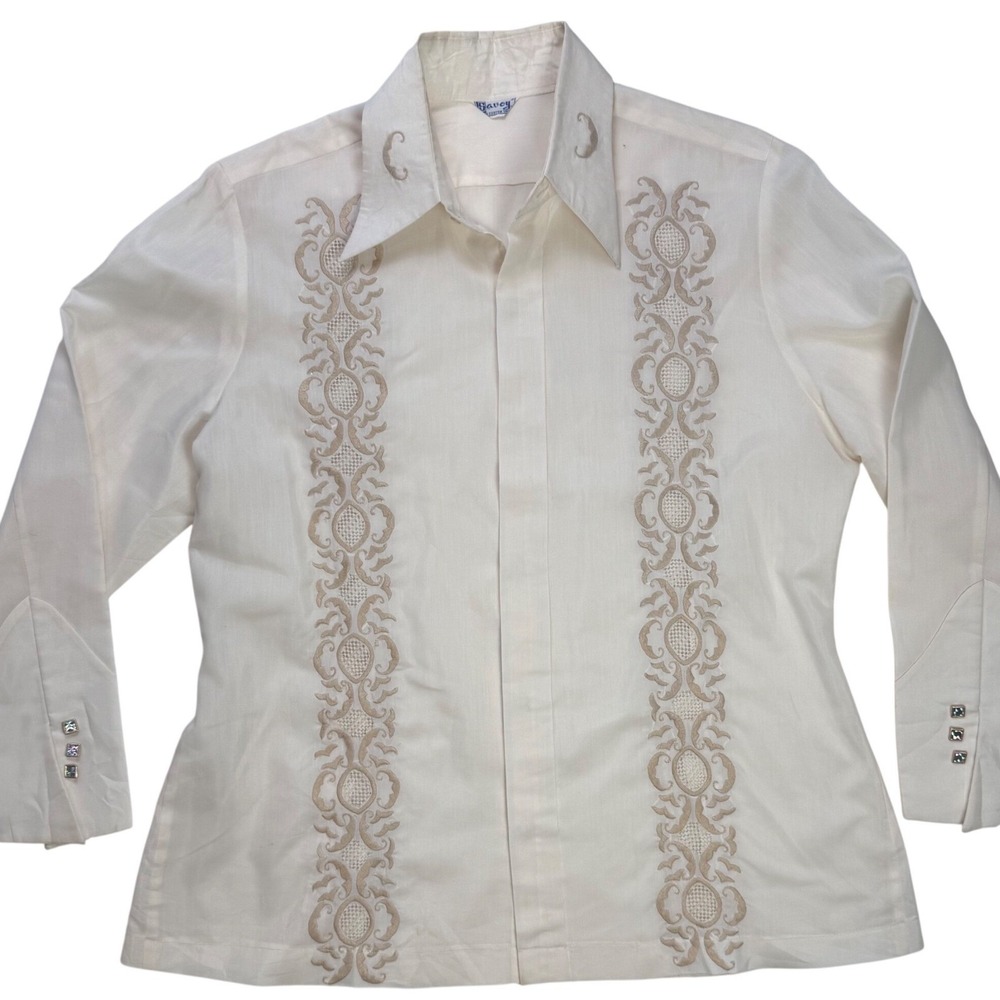 Savoy Rockabilly Tailored Mens 1950 Vintage Embroidered Guayabera Shirt XL Cream